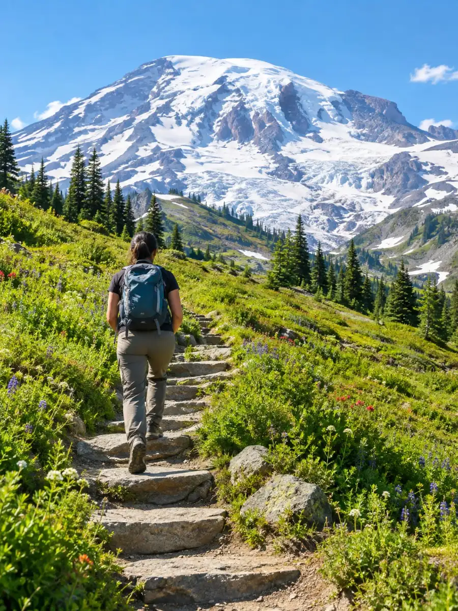 Ein Wanderer auf einem Weg mit Steinstufen, der durch grüne Bergwiesen zu den Gletschern des Mount Rainier aufsteigt