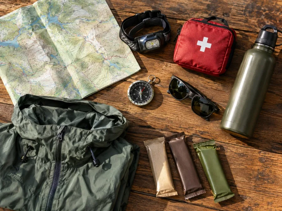 Flat lay of map, compass, headlamp, first-aid kit, water bottle and rain jacket