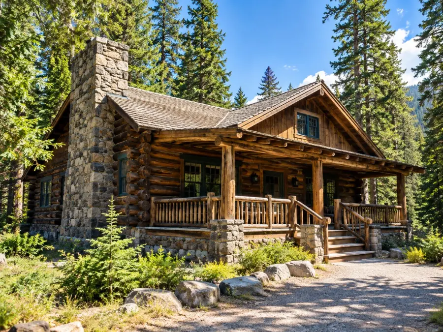 Ein historisches Gebäude aus Holzstämmen und Stein zwischen hohen Bäumen in Longmire