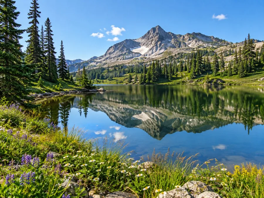 Un pequeño lago alpino con flores silvestres en la orilla y un pico rocoso al fondo