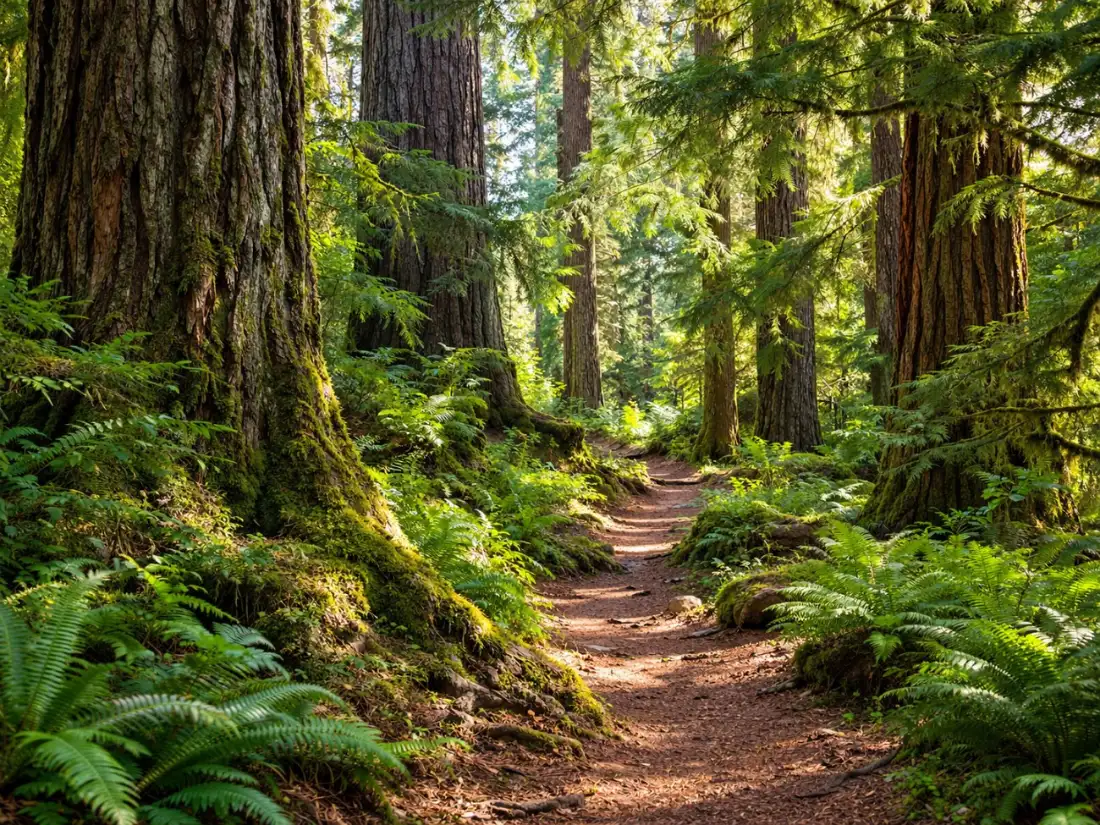 Ein Weg durch moosigen Urwald bei Longmire