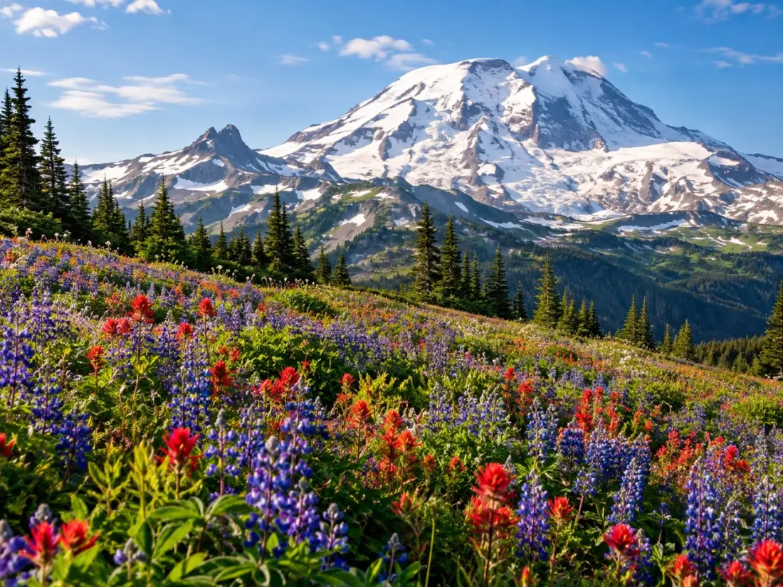 Wildblumenwiesen mit Lupinen und Castilleja bei Paradise, dahinter der Mount Rainier
