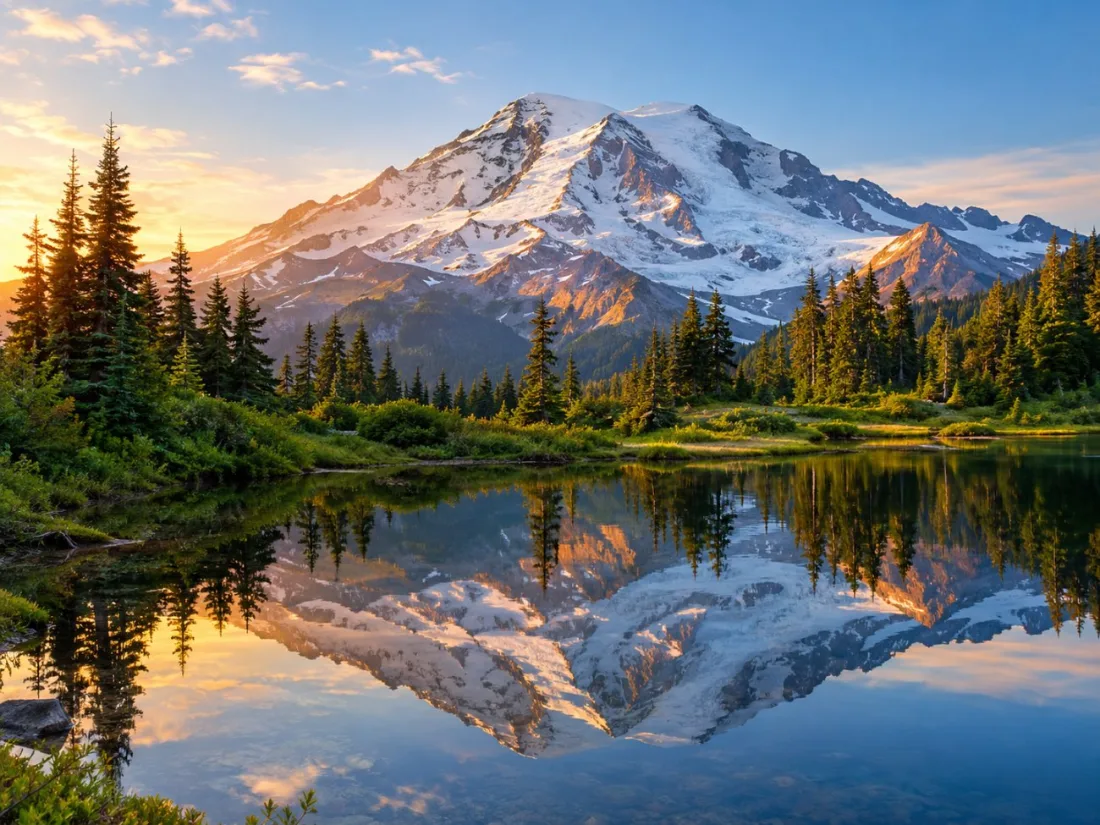 Der Mount Rainier spiegelt sich im stillen Wasser der Reflection Lakes