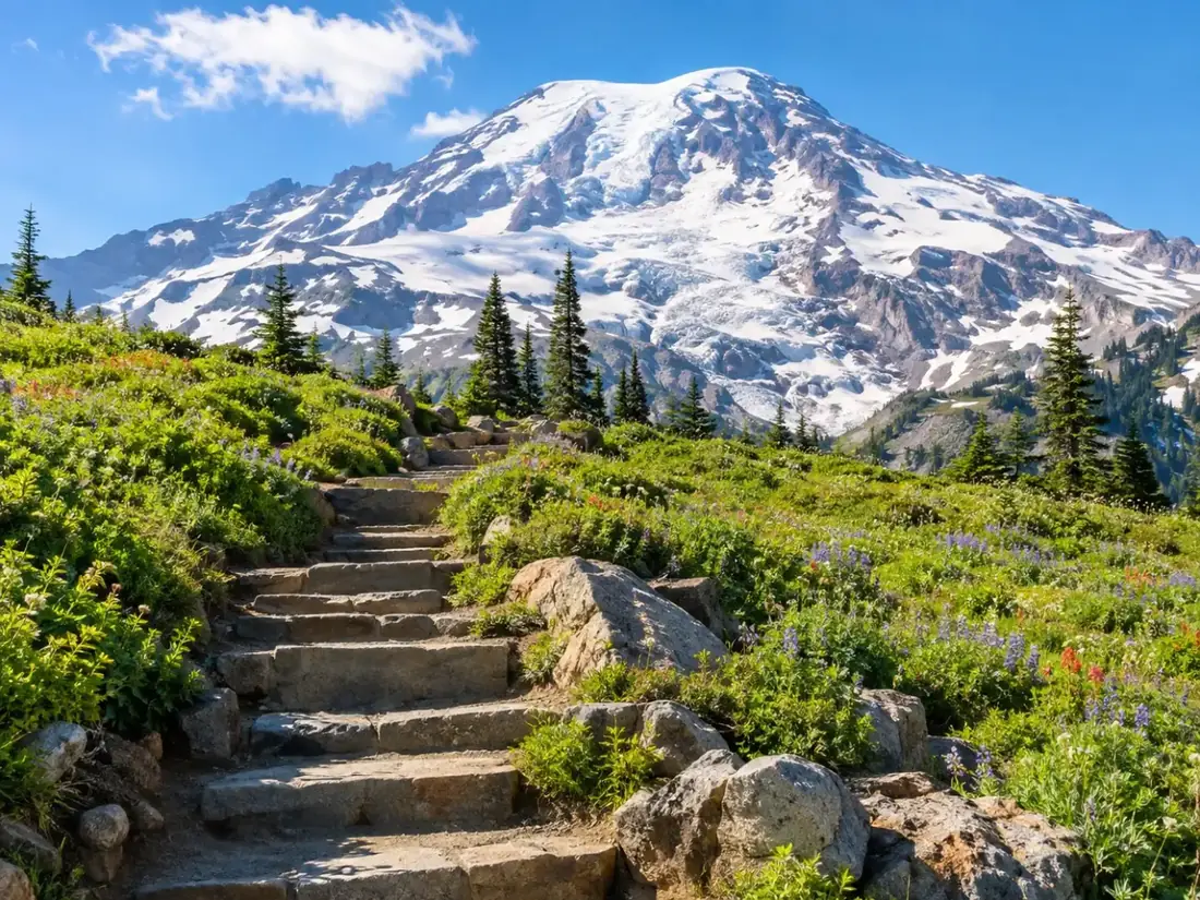 Steinstufen auf dem Skyline Trail führen durch eine grüne Bergwiese hinauf zum Mount Rainier