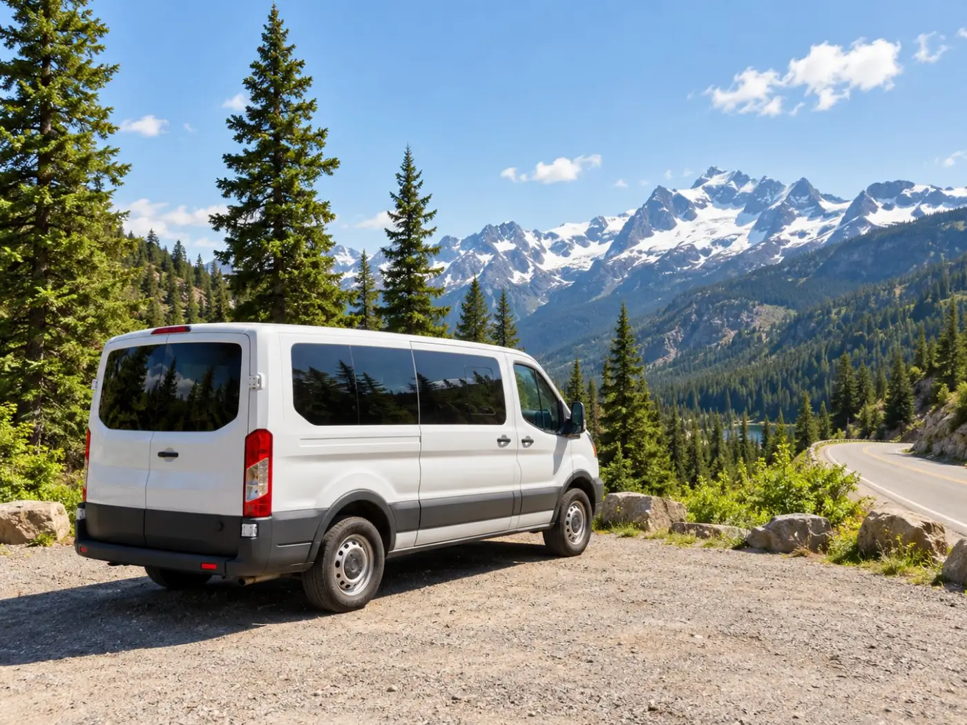 Ein kleiner Tourbus auf einer Haltebucht im Wald unterhalb verschneiter Gipfel