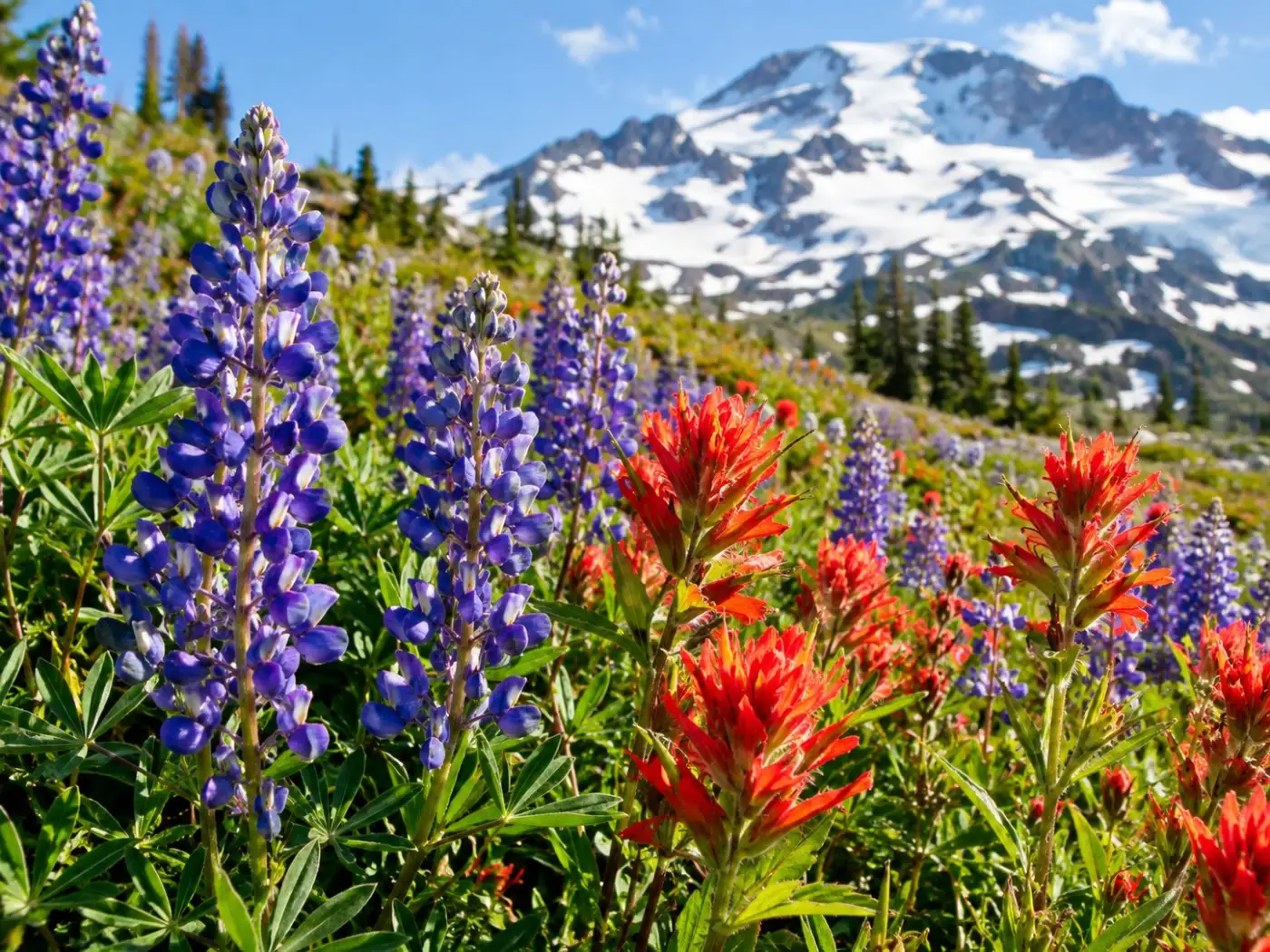 Violette Lupinen und rote Castilleja in einer Wiese vor einem verschneiten Berghang